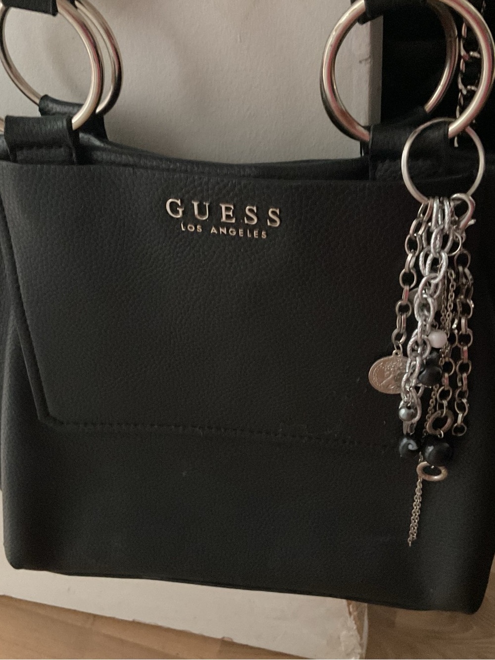 GUESS Los Angeles Black Shoulder Bag with Chain Charm